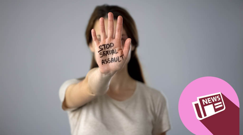 Stop sexual assault sign on womans hand, discrimination preventi